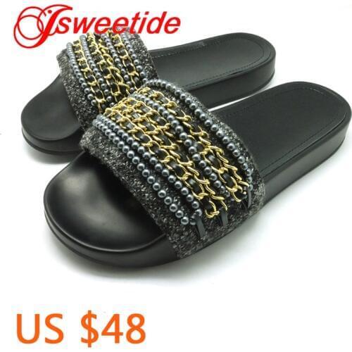 Fashion String Bead Leisure Genuine Leather Womens Slippers Ladies Slip Sliders Casual Brand Comfortable Women Flats Slippers