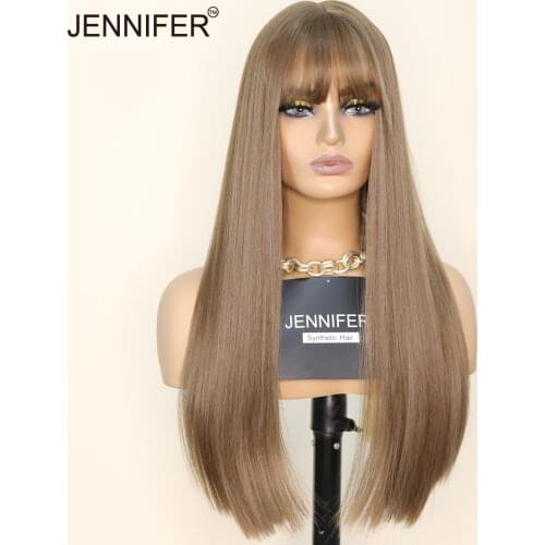 Synthetic Wig with Bangs 22inch Long Straight Brown/Linen 2 Color Cosplay Party Daily Wigs for Women High Temperature Fiber