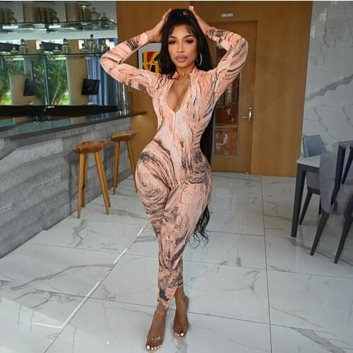 CHRONSTYLE Tie Dyeing Print Jumpsuits 2021 Fashion Women Long Sleeve V-neck Front Zip Up Bodycon Autumn Rompers Female Clothes