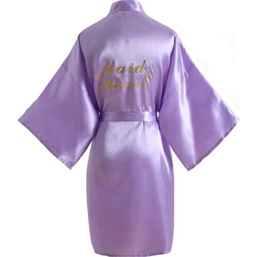Womens Purple Maid of Honor Satin Robes Short Kimono Robe for Bride Bridesmaid Wedding Party Pure Color Bridal Dressing