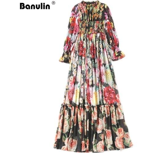 Banulin Spring Fashion Runway Long Sleeve Maxi Dress Womens Elastic Waist Charming Floral Print Bohemian Holiday Long Dress