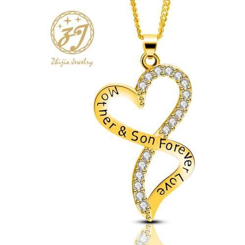 Zhijia Brand Jewelry Trendy Heart Shape Design "Mother&Son Forever Love" Pendant Necklace Luxury Rhinestone Jewelry Gifts