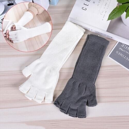 1 Pair Long Knitted Half Finger Gloves Women Girls Spring Autumn Winter Arm Warmers Pure White Black Gray Elbow Long Gloves