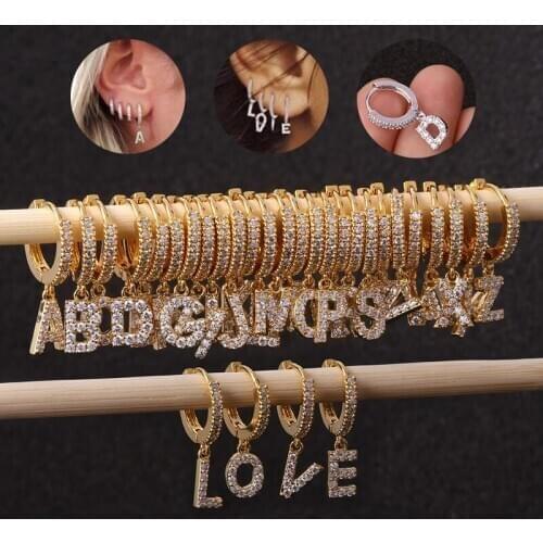 1PCS 26 English Letters Stainless Steel CZ Nose Ring Clicker Hinge Ear Helix Tragus Ring Hoop Piercing Jewelry