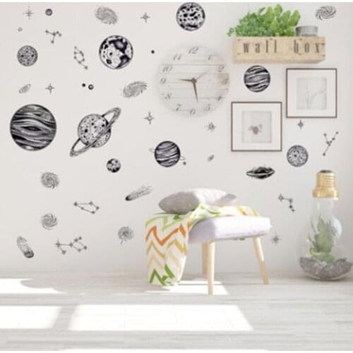 1Piece Black sketch space planet stars milky way wall sticker kids room living room decoration diy removable self-adhesive decal
