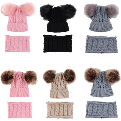 2PCS Baby Hat Scarf Set Pom Winter Spring Autumn Warm Knit Baby Cap Bonnet Kids Hat Boy Girl Caps Boys Girls Crochet Beanie New