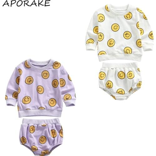 2021 0-24M Baby Smile Print Clothes Set Boys Girls Long Sleeve O-neck Long Sleeve Pullover+Elastic Waist Short Pants Autumn 2pcs