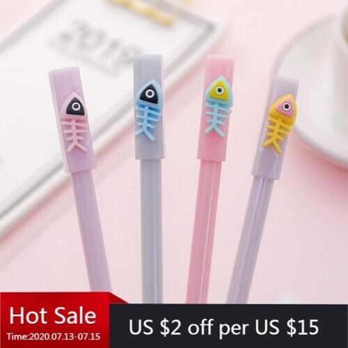 24 PCs Korea Creative Cartoon Fishbone Gel Pen Small Fresh Student Test Writing Pen Black Pen Stationery