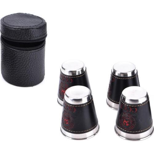 4 pcs/lot 30ml 70ml Outdoor Camping Stainless Steel Cup With Leather Case Portable Wine Whisky Cup Camping Travel Accessories