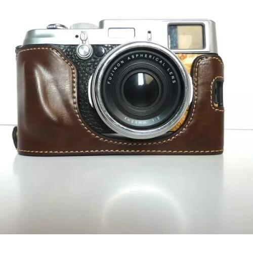 Retra Vintage Leather Bottom Camera Bag Case for Fujifilm Fuji X100 X100S X100T Camera Half Cover with Strap Coffee Color