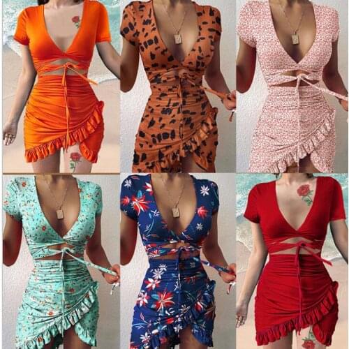 Floral Print Fashion Tie Up Wrap Mini Dress 2021 Summer Holiday Ruffles Sundress Ruched Womens Dress Short Sleeve