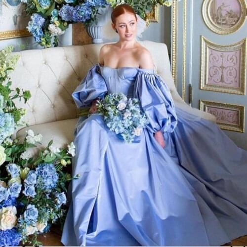Elegant Women Blue Long Evening Dresses Puff Long Sleeve Prom Dress 2021 Robe de Soriee Satin Formal Evening Party Gowns Couture