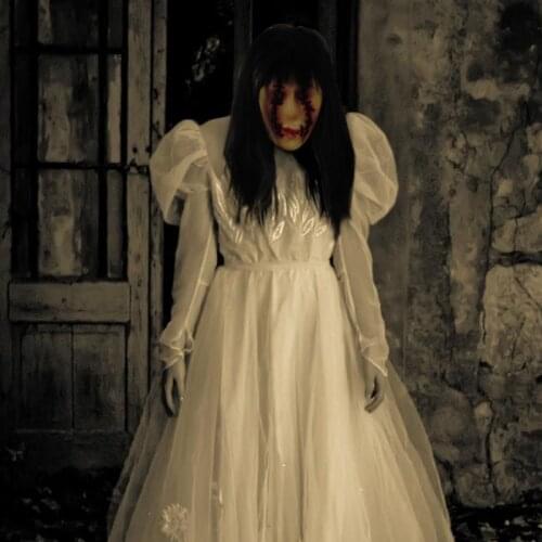 Halloween Female Ghost Scary Latex Mask Big Eye With Long Wigs crack Female Ghost Halloween Haunted house Decoration