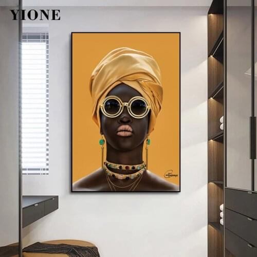 Indian Women Canvas Painting Custom Modern African Woman with Yellow Kerchief Picture Wall Art Poster Prints for Bedroom Living