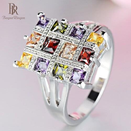 Bague Ringen Geometry Design Silver 925 Jewelry Party Rings for Women Colorful Gemstones Rectangle Female Accessory Size6-10