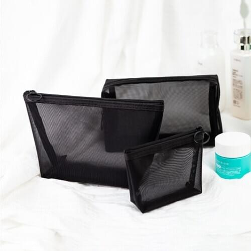 1pcs Cosmetic Bag Black Mesh Transparent Large Capacity Wash Bag Unisex Fashion Mesh Travel Storage Bag