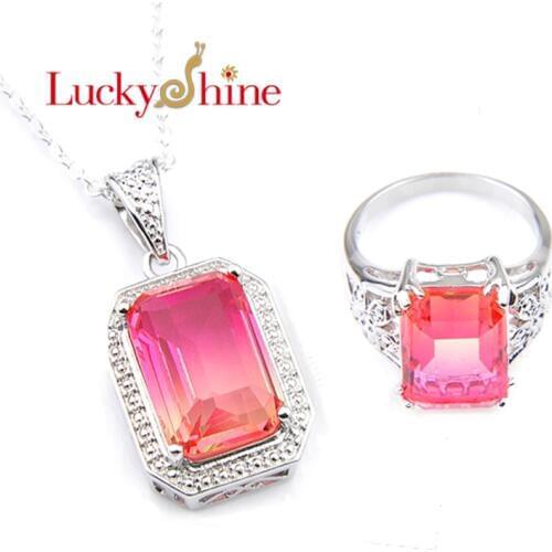 Luckyshine 2Pcs Christmas Gift Sets Pendant Rings Jewelry rectangle Bi Colored Tourmaline Gems Wedding Jewelry Gift