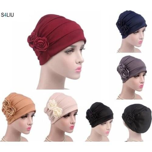 Fashion Women Muslim Hat Turban Caps Solid Two Flower Headscarf Hats Soft Elastic Islam Arab Head Wrap Hat Bonnet Hair Loss Cap