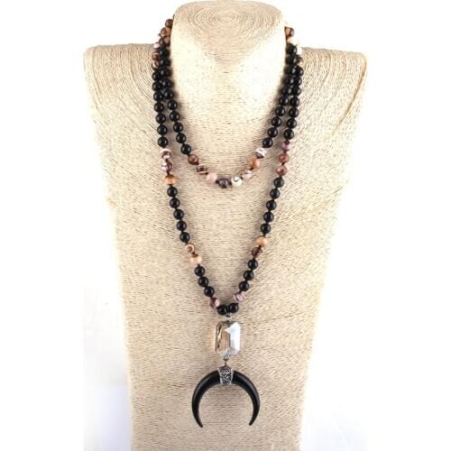 Fashion 108 Beads Mala Black Stone Knotted Crystal Link Black Crescent Moon Charm Pendant Necklace Women Beaded Yoga Necklace