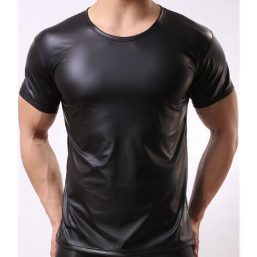 Faux Leather T Shirt Men Tshirts O-neck Short Sleeve Male Top Tees Night Club Performance Wear Undershirts Singlet for Man
