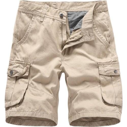 Summer Casual Short Men Solid Color Mid-waist Knee Length Cotton Cargo Short Men Multi-pockets Beach Short Ropa Para Hombre
