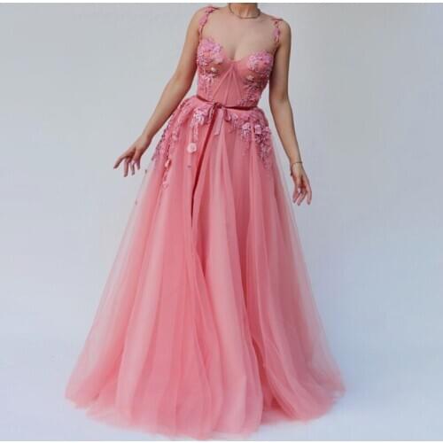 Watermelon Evening Dresses Sweetheart Appliques Flowers Lace A-Line Spaghetti Strap Dubai Arabic Long Party Graduation Prom Gown