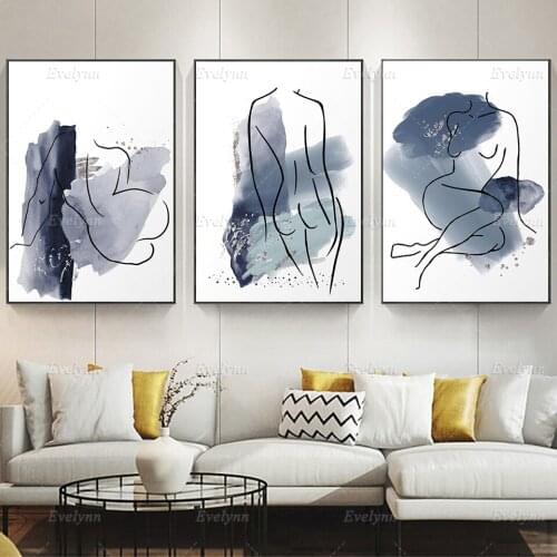 Nordic Navy and Silver Abstract Wall Art Canvas Painting Woman Art Poster Print Wall Pictures for Living Room Home Decoration