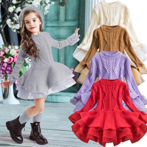 Girls Sweater Autumn Winter Girls Organza Sweater Dress Long Sleeve Puff Princess Dress Outdoor School Performance Show Dress Ho