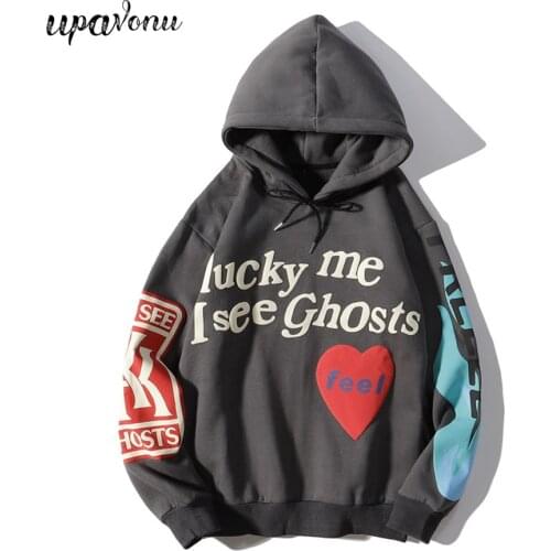 Kanye West Graffiti Letter Print Heavyweight Sweatshirt Lucky Me I See Ghosts Hoodie Hip Hop Hooded Hoodies Harajuku Streetwear