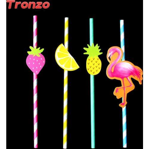 Tronzo 10Pcs Flamingo Strawberry Lemon Pineapple Paper Straws For Hawaii Tropical Party Supplies Wedding Decoration