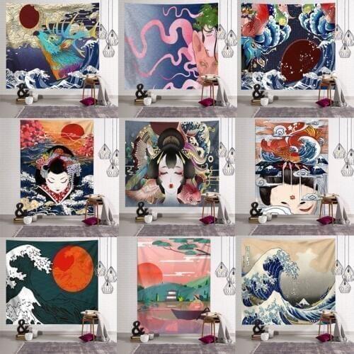 Japanese Kanagawa Waves Printed Hanging Tapestry Whale Arowana Deer Snake Totem Wall Hanging Tapestries Boho Bedspread Blanket