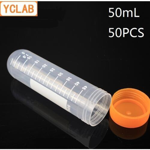 YCLAB 50PCS 50mL Centrifuge Tube EP Plastic Round Bottom Screw Mouth with Yellow Lid and Graduation Ethylene Propylene