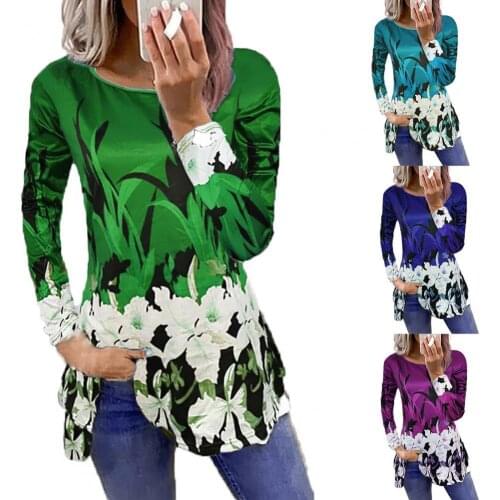 2021 New Women T-shirt Floral Print Long Sleeve Autumn All Match O Neck Top Pullover Streetwear