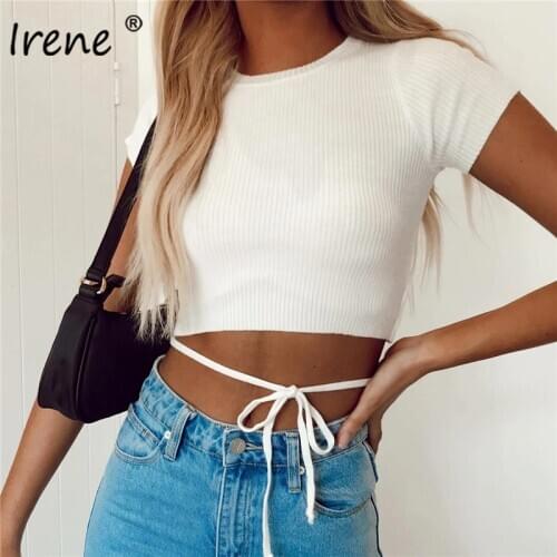 Irene Rib Short Sleeve Shirts Women O Neck Summer Sexy Bow Tied Crop Top White Woman TShirts 2021 Casual Tee Shirt Femme