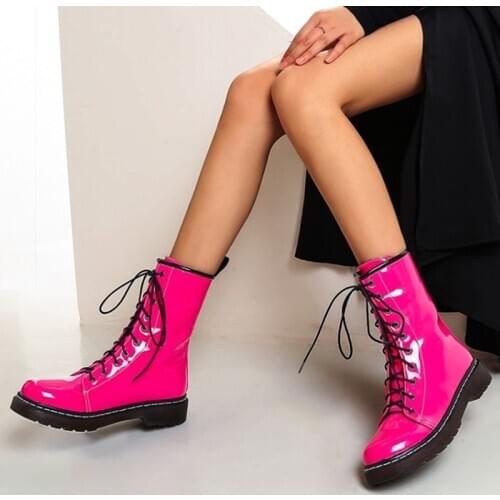 Female Patent Leather Lace Up Low Heel Round Toe Short Booties Women Half Knee High Boots