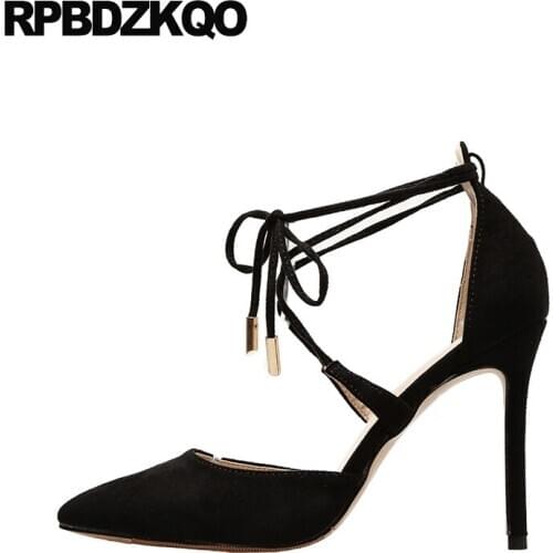 10 42 Extreme Pointed Toe Black 8cm Suede Pumps Thin High Heels Scarpin Big Size Ultra Shoes Cross Strap Super Ladies Summer