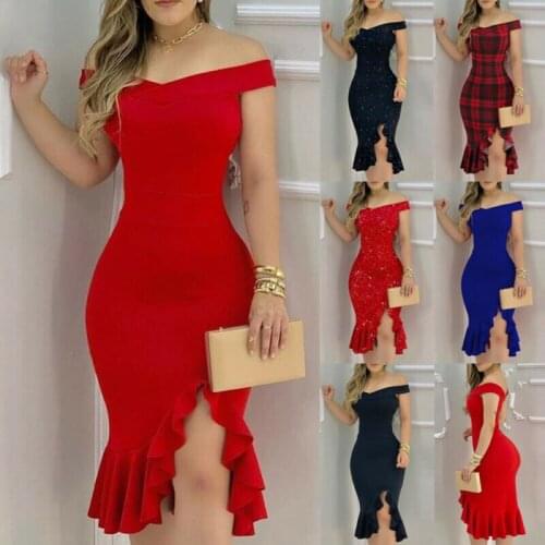 Womens Off Shoulder Bodycon Ruffle Dress Party Evening Asymmetric Midi Dresses