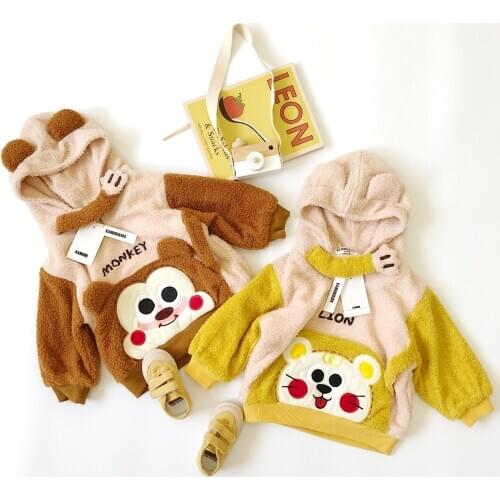 Tonytaobaby Winter Cute Foreign Style Plush Monkey Lion Plush Hoodie Childrens Wear
