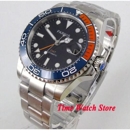 40mm PARNIS automatic mens mechanical watch GMT function sapphire crystal date display oyster bracelet ceramic bezel insert