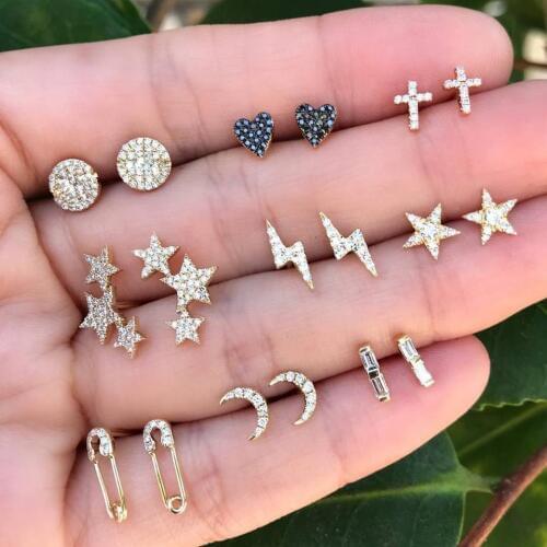9 pairs Vintage Mix Design Moon Star Crystal Piercing Earrings for Women Gold Color Small Heart Cross Ear Studs Cuff Earring Set