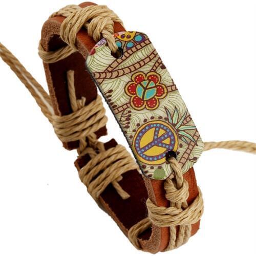 Peace Vague Boho Gift Design Flower Punk Bangle Fashion Vintage Genuine Woven Leather Women Bracelets Men Jewelry Accessories