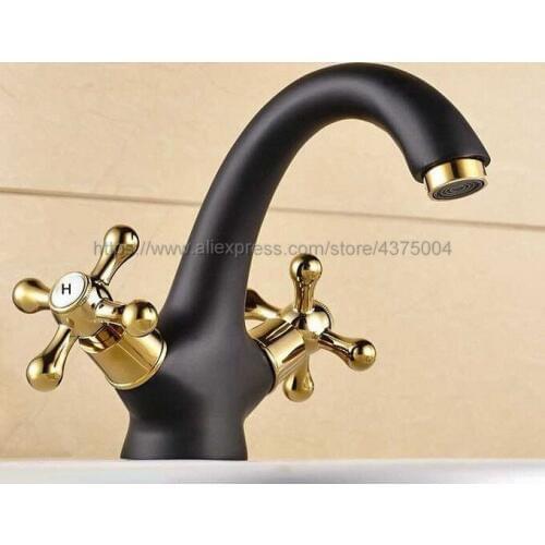 Black Oil Rubbed Gold Color Brass Bathroom Sink Faucet 360 Degree Swivel Spout Double Cross Handle Vanity Sink Mixer Tap Nnf806