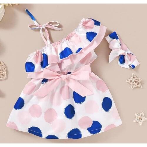 Girl Children Summer Dot Print Half Shoulder Dress Bow Ruffled Collar Camisole Lace Hair Band Girls Casual Dresses