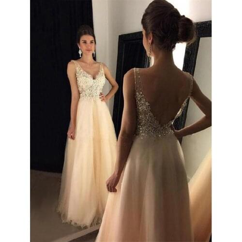 ANGELSBRIDEP V-Neck Long Evening Party Dresses Abendkleider Sexy Backless Applique Floor-Length Special Occasion Prom Dress