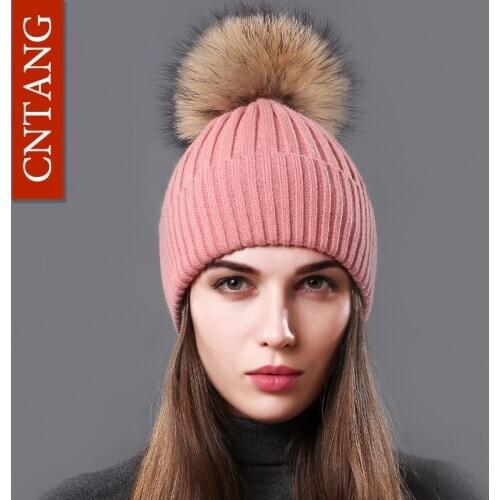 Classic Multiple Styles Women Beanie Winter Warm Fashion Raccoon Fur Pompom Hats Knitted Wool Cap Clearance Cheap High Quality