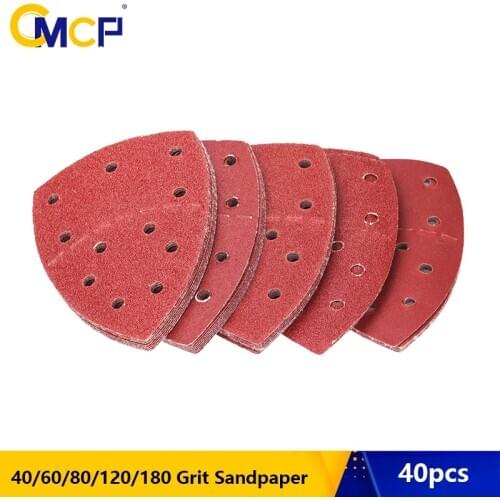 CMCP 40pcs Self-adhesive Sandpaper Triangle 11 Holes Sander Hook Loop Sandpaper Disc Abrasive Tools For Polishing Grit 40-180