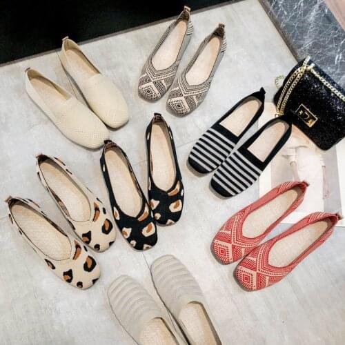 Square Toe Patchwork Women Shoes V Mouth Stretch Knit Breathable Fabric Ballet Flats Female Casual Cozy Sneakers Loafer Size 42