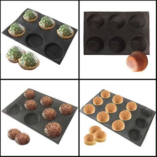 Meibum Glass Fiber Bread Silicone Mould Hamburger Round Cookie Pizza Baking Mold DIY Bun Tray Black Porous Non Stick Bakeware