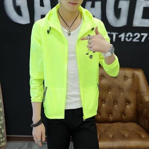 Sun Protection Jacket Coat Men Summer Hooded Thin Windbreaker Bright Color Zipper Funny Print Lightweight Outerwear Black White