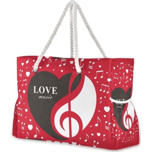 New Nylon Shoulder Bag for Women Girl Music Notes Heart Valentines Day Red Female Handbags Luggage Bags Ladies Tote Beach Bag